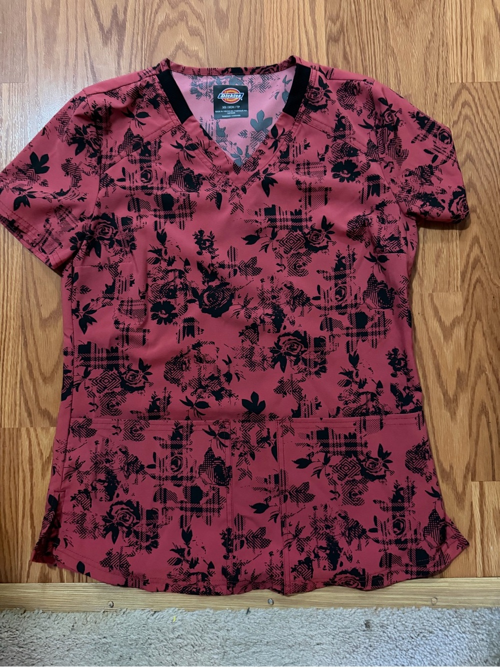 Dickies Women's Rose-Red V-Neck Floral Print Scrub Top